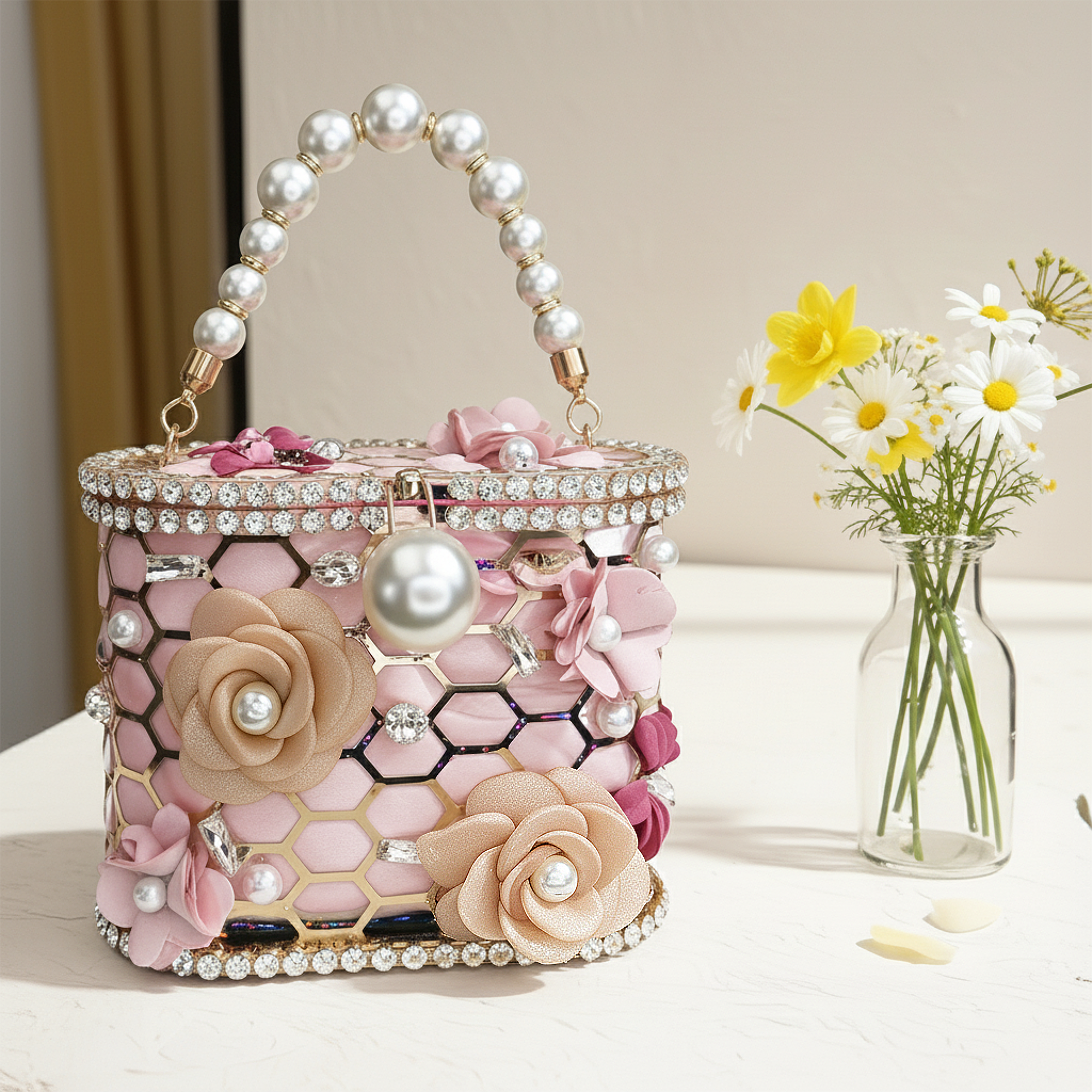 Handmade Pearl Rhinestone Floral Evening Purse, Champagne Beige, Rosé Satin Light Pink, Blush Berry Dark Pink Wedding Clutch