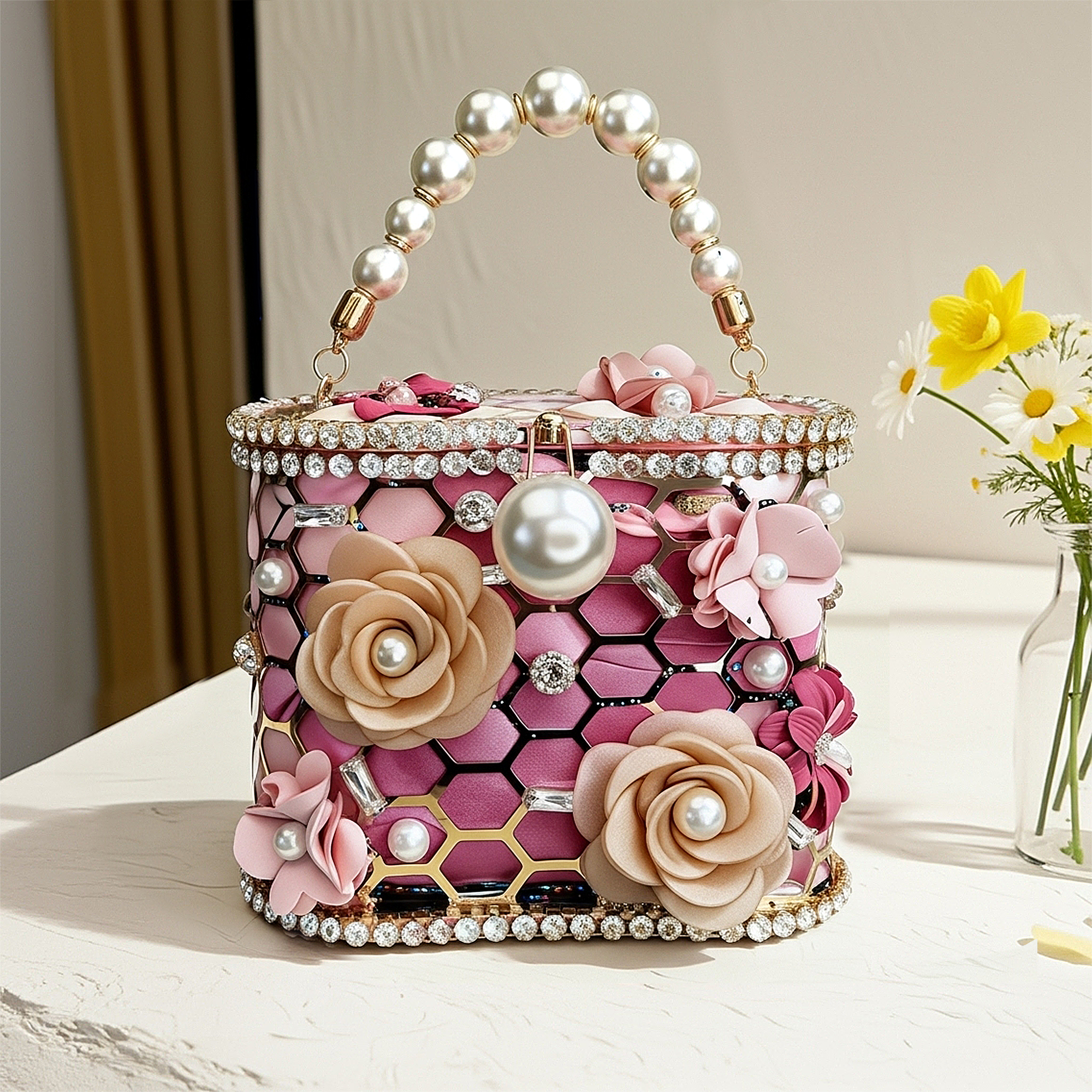 Handmade Pearl Rhinestone Floral Evening Purse, Champagne Beige, Rosé Satin Light Pink, Blush Berry Dark Pink Wedding Clutch