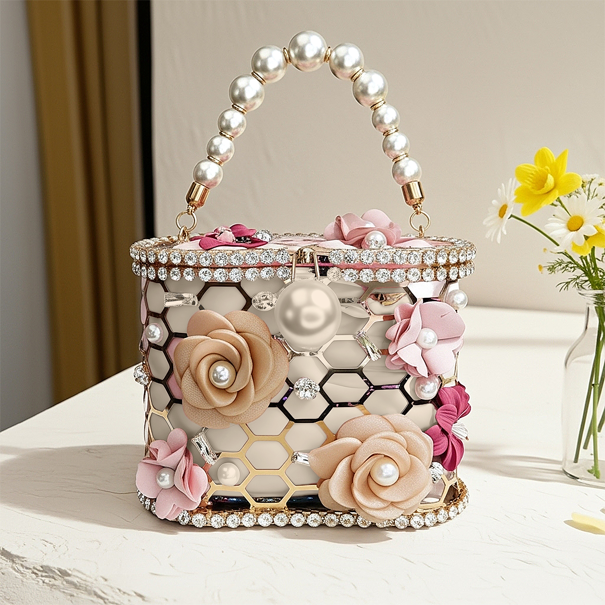 Handmade Pearl Rhinestone Floral Evening Purse, Champagne Beige, Rosé Satin Light Pink, Blush Berry Dark Pink Wedding Clutch