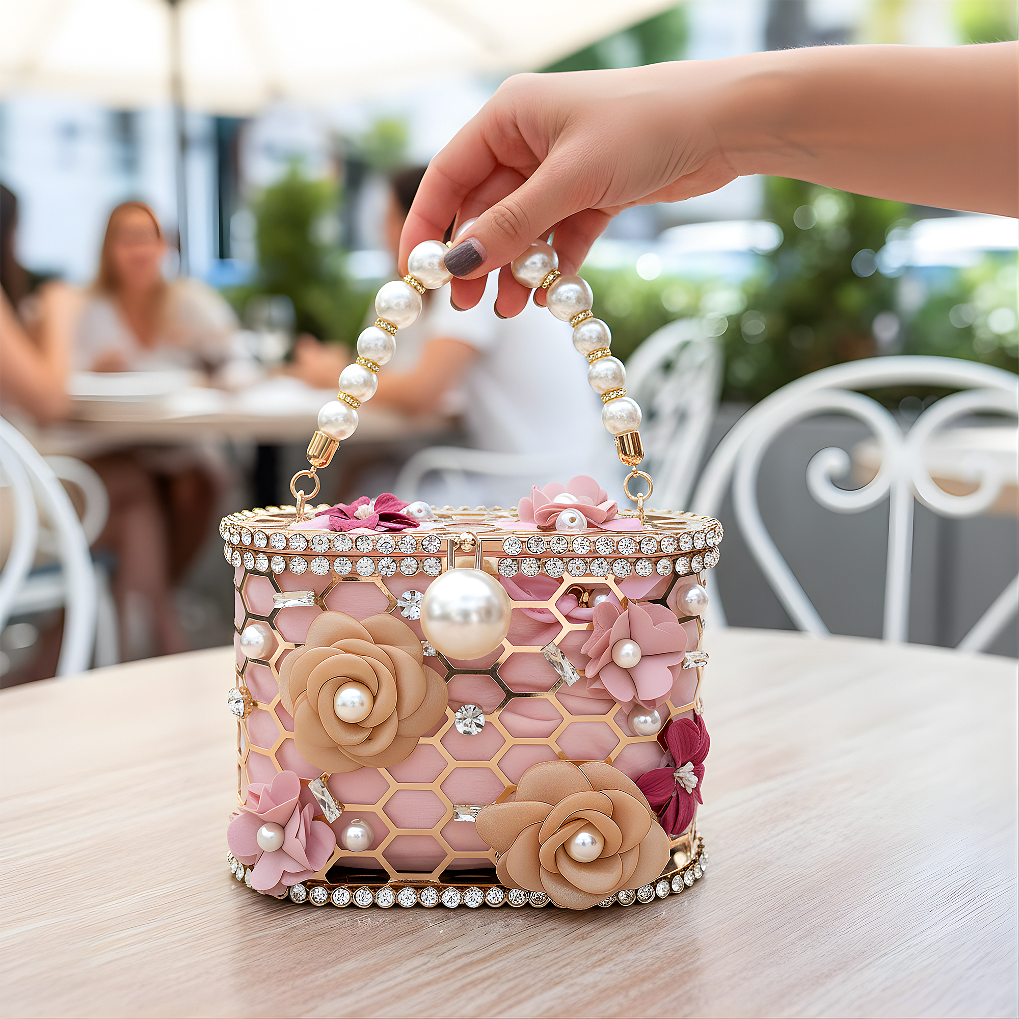 Handmade Pearl Rhinestone Floral Evening Purse, Champagne Beige, Rosé Satin Light Pink, Blush Berry Dark Pink Wedding Clutch