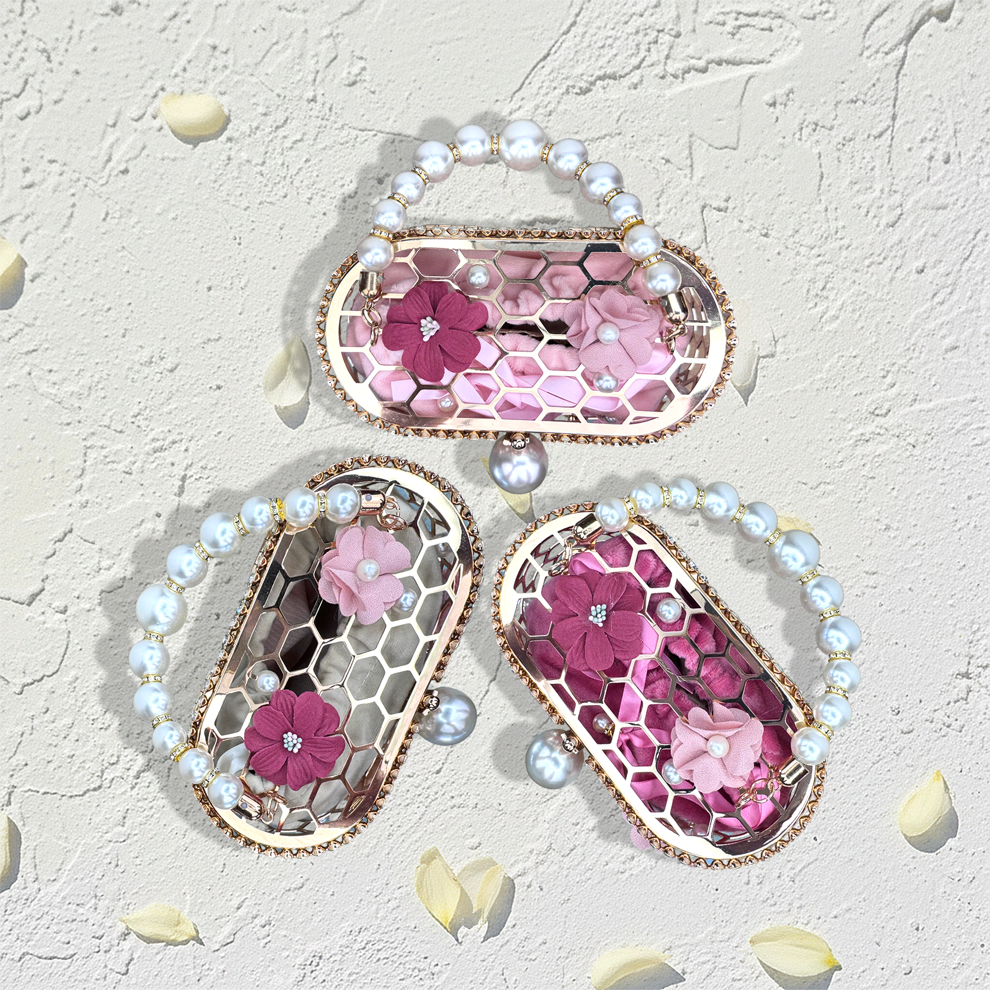 Handmade Pearl Rhinestone Floral Evening Purse, Champagne Beige, Rosé Satin Light Pink, Blush Berry Dark Pink Wedding Clutch