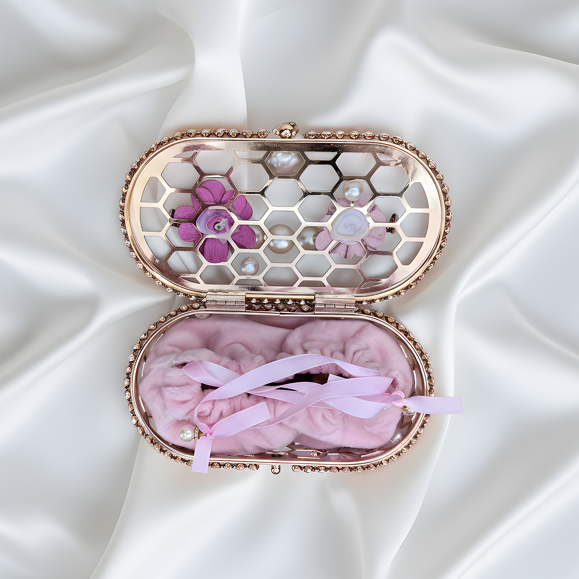 Handmade Pearl Rhinestone Floral Evening Purse, Champagne Beige, Rosé Satin Light Pink, Blush Berry Dark Pink Wedding Clutch