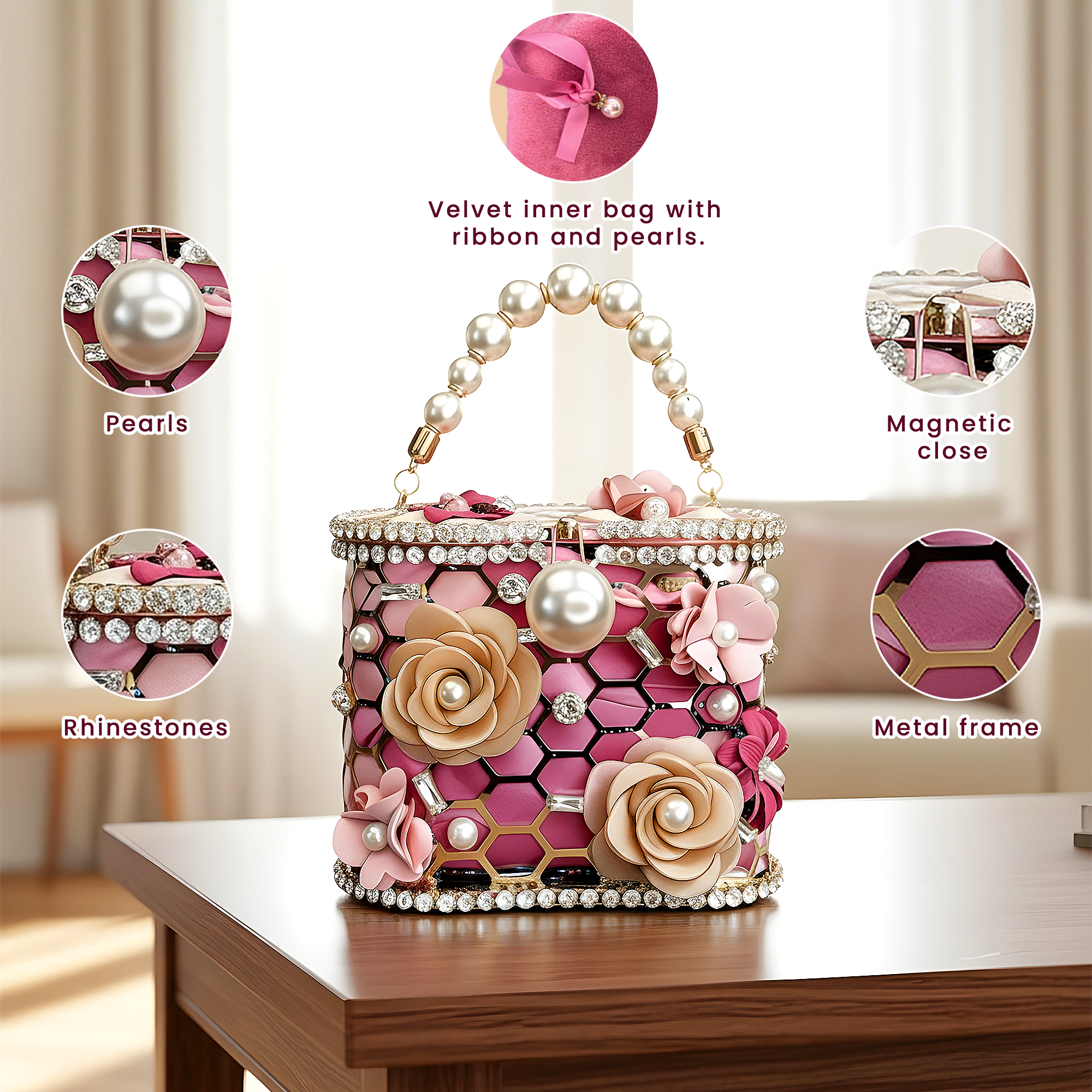 Handmade Pearl Rhinestone Floral Evening Purse, Champagne Beige, Rosé Satin Light Pink, Blush Berry Dark Pink Wedding Clutch